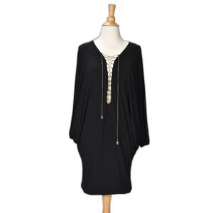 Jamime Black Dolman Sleeve Dress Chain Criss Cross Detail Size M